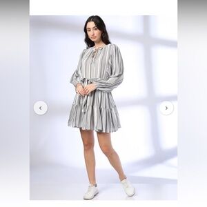 DNMX Striped Mini Dress Gray and White Tiered Ruffled Tie Waist